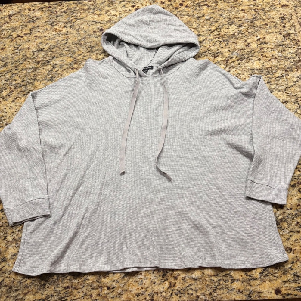 Eileen Fisher Grey Waffle Knit Hoodie Pullover Sweatshirt Thermal Oversized ws